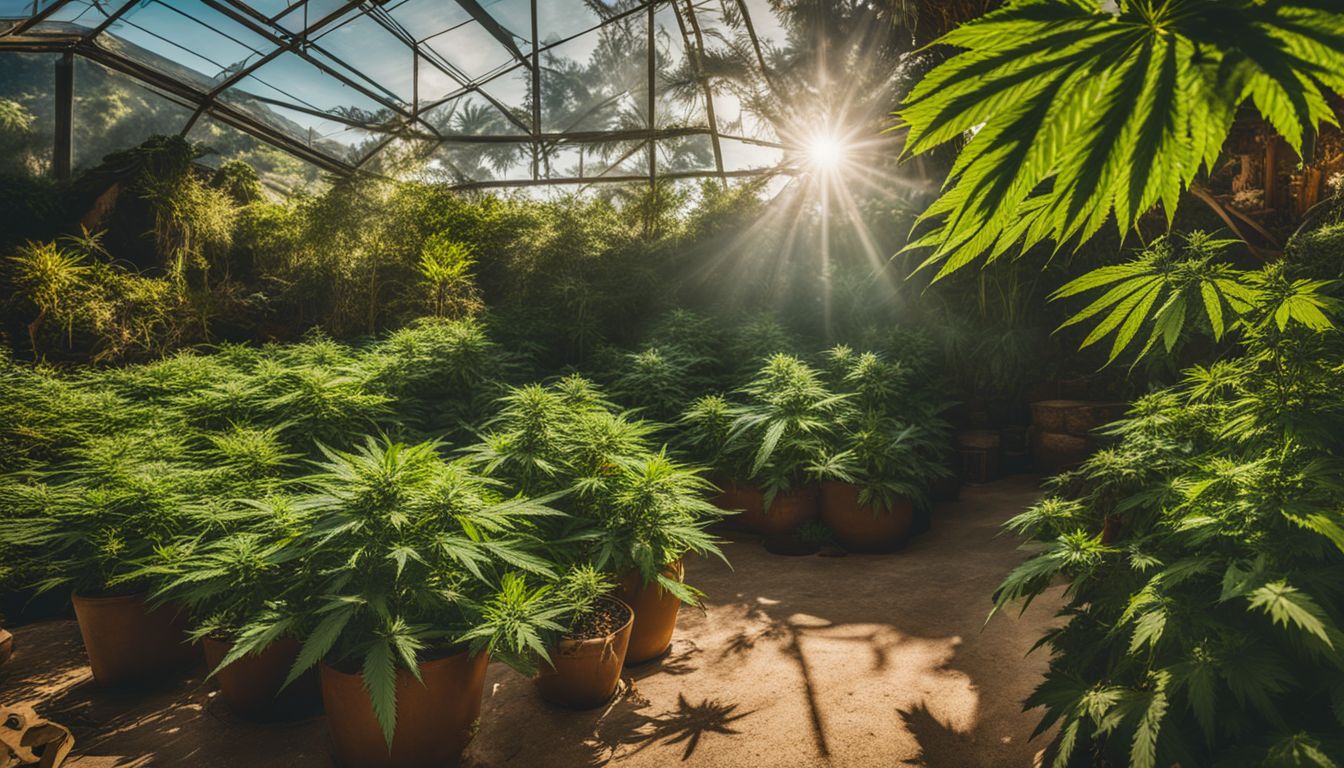 Plantas de cannabis creciendo al aire libre en un jardín exuberante.