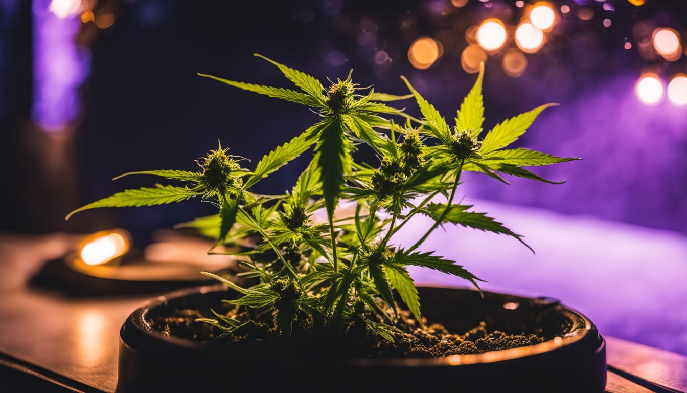 Una planta de cannabis saludable bajo luces de cultivo, rodeada de gotas de agua.