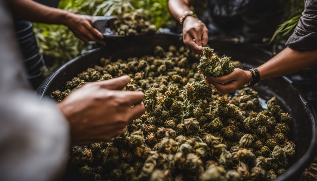 Fotografía de brotes de cannabis recién cosechados siendo enjuagados en un arroyo.