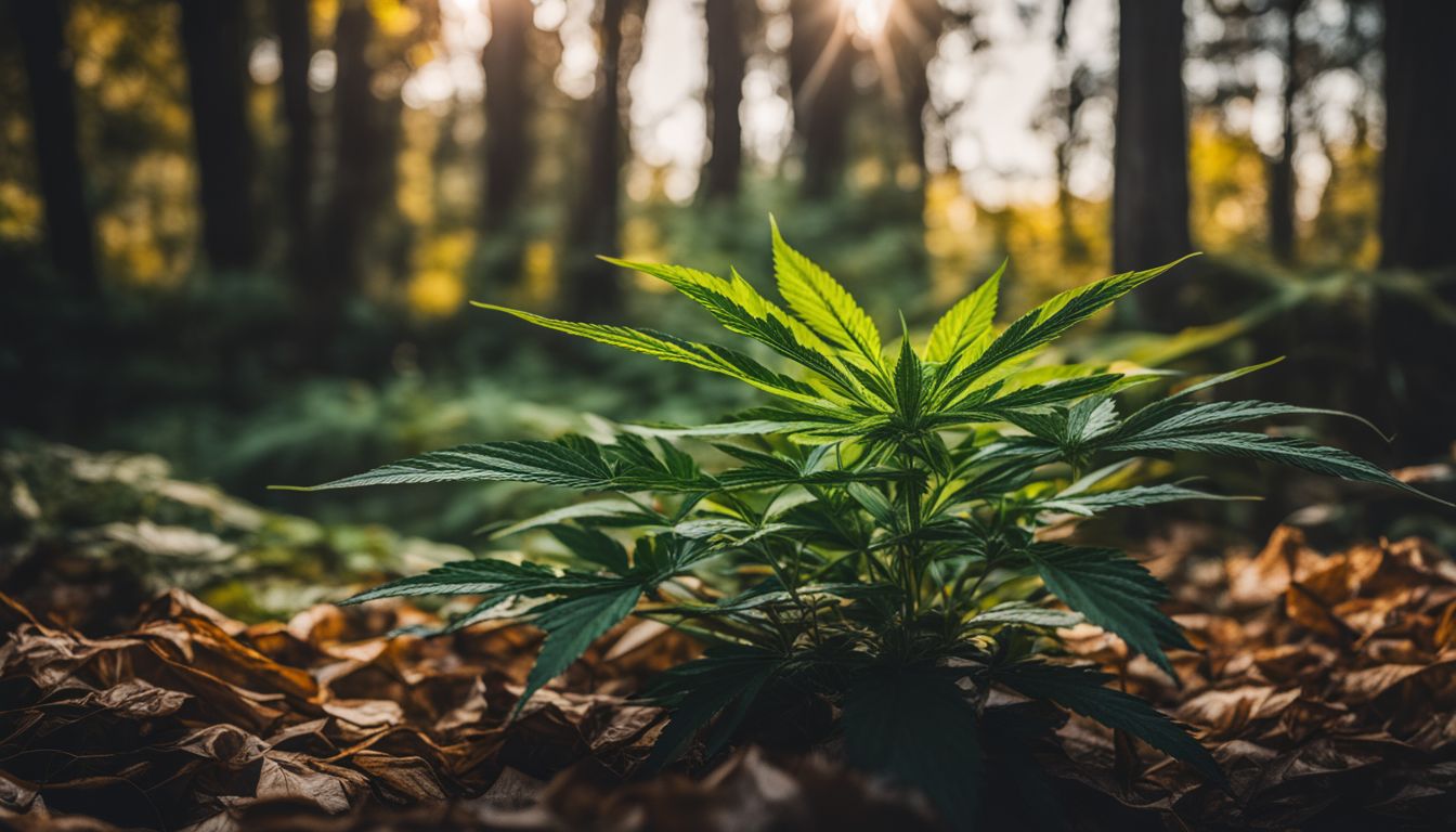 Una planta de marihuana en un ambiente estresado rodeada de hojas marchitas.