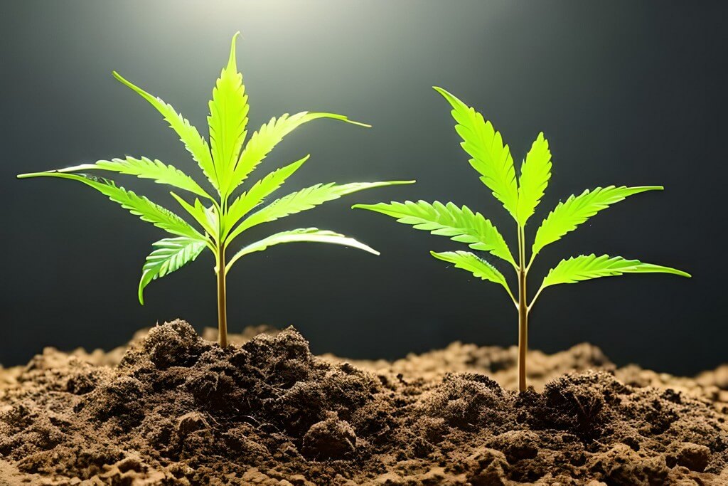 Mujer inspeccionando plántulas de cannabis en entorno natural con plantas.