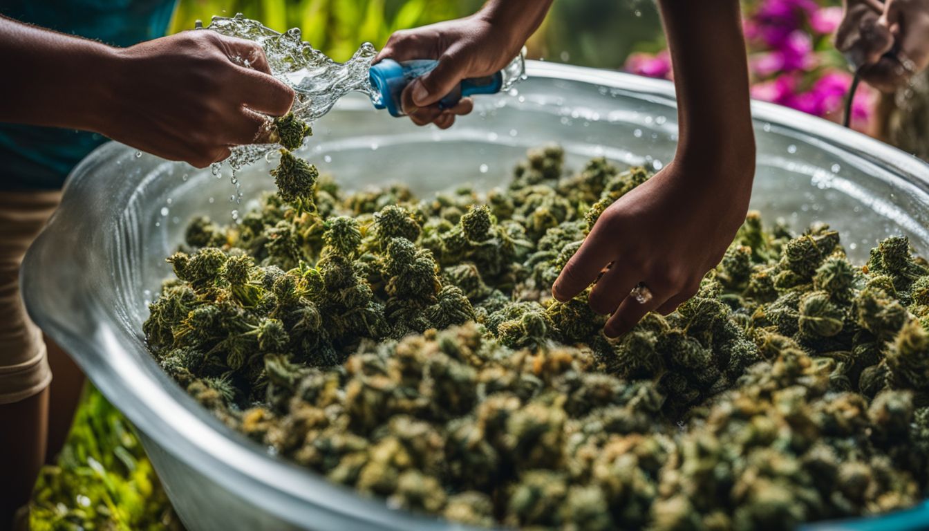 Fotografía de cannabis recién cosechado siendo lavado suavemente bajo el agua corriente en un entorno natural al aire libre.