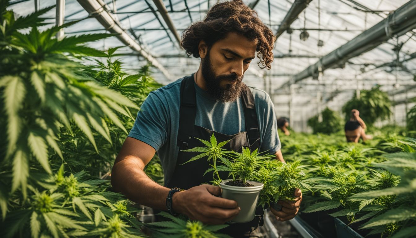 Un cultivador de marihuana inspecciona una planta para detectar signos de hermafroditismo.