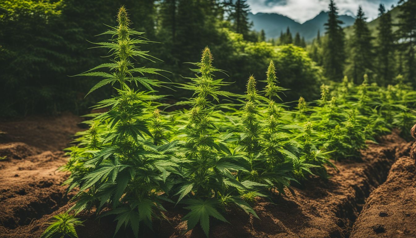 Plantas de marihuana saludable en suelo rico rodeado de flores.