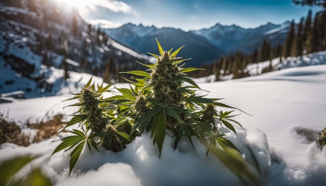 Una próspera planta de marihuana en un entorno montañoso cubierto de nieve.