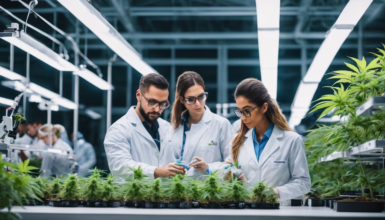 Un grupo de científicos examina plantas de cannabis en un laboratorio moderno.