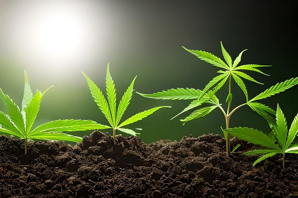 Una foto de primer plano de una planta de cannabis en diferentes etapas de su ciclo de vida.