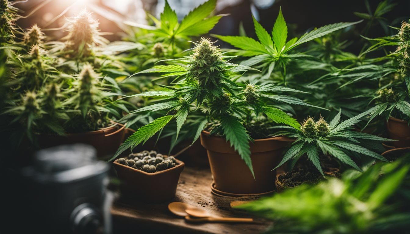 Una planta de cannabis en diferentes etapas de crecimiento con herramientas de jardinería.