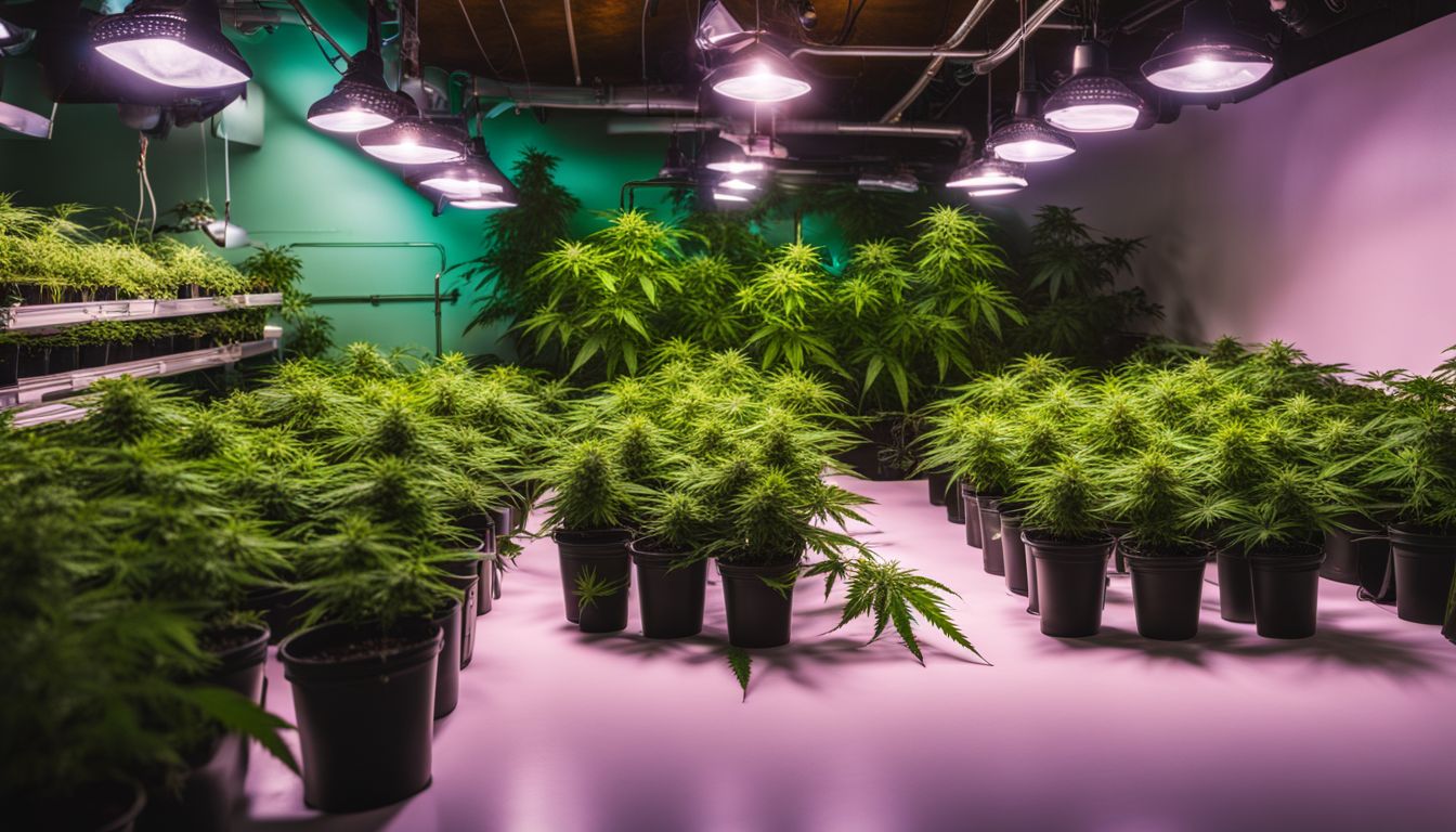 Plantas de cannabis en crecimiento bajo luces especiales con equipo de jardinería.