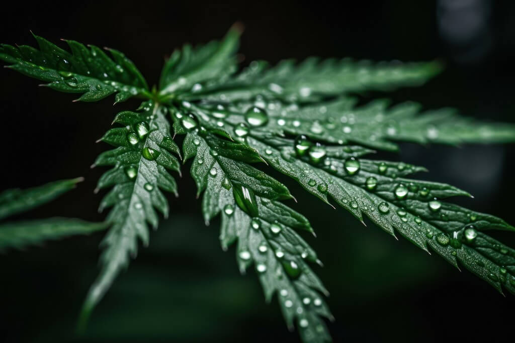 Plantas de cannabis saludables siendo regadas en un jardín al aire libre.