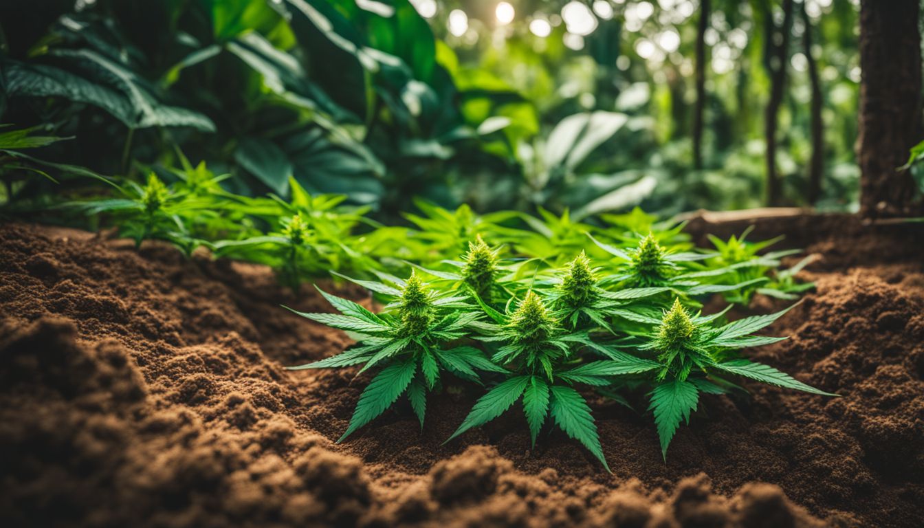 Una planta de cannabis saludable rodeada de suelo nutritivo y exuberante vegetación.