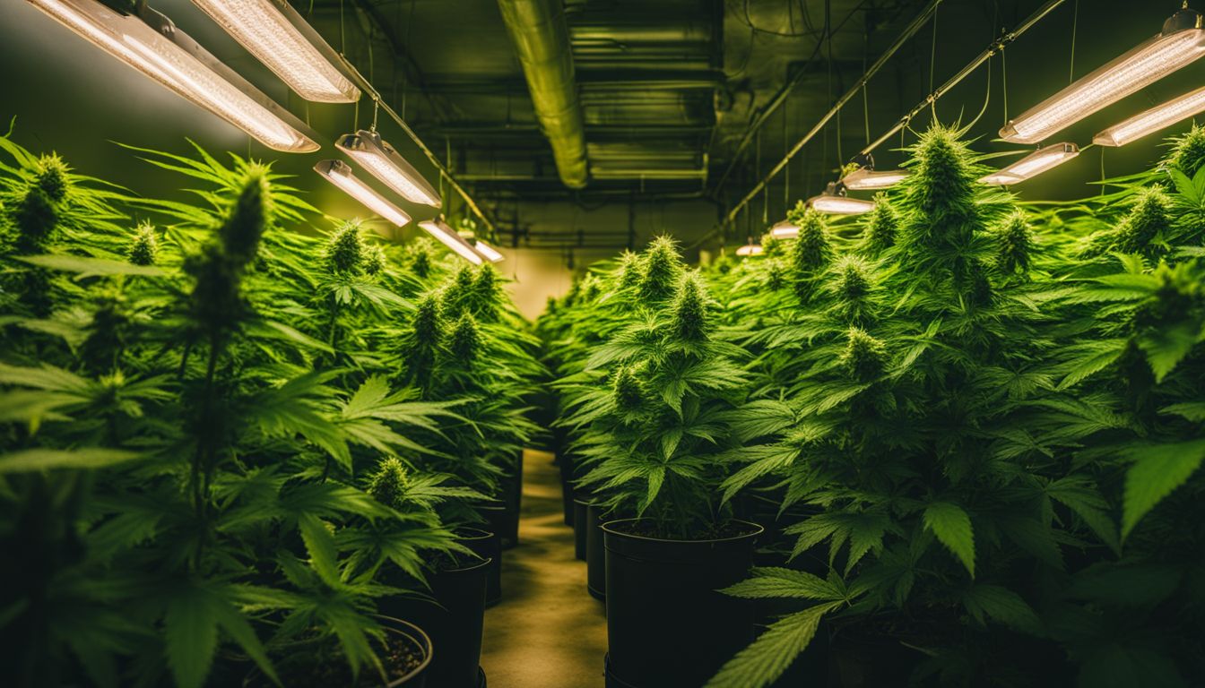 Plantas de marihuana saludables creciendo bajo luces artificiales.