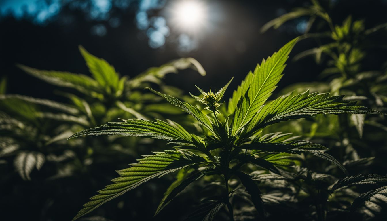 A marijuana plant illuminated by the natural light of the moon in a dark garden.