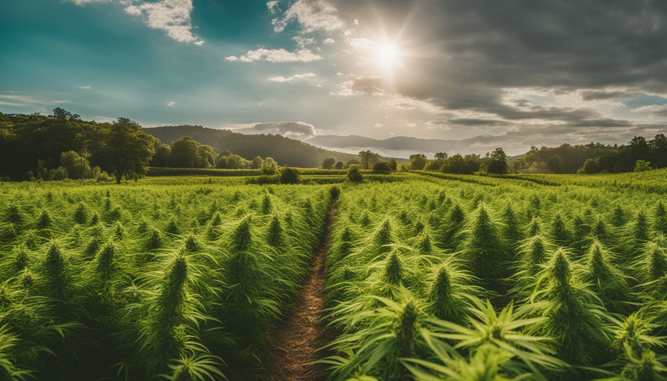 Una foto de un campo de cáñamo orgánico con plantas verdes vibrantes.