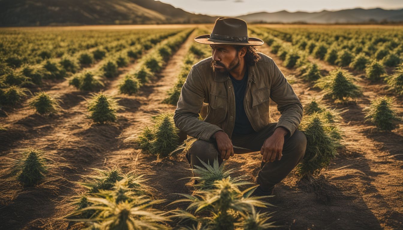 Un agricultor de marihuana navega por un campo seco y agrietado.