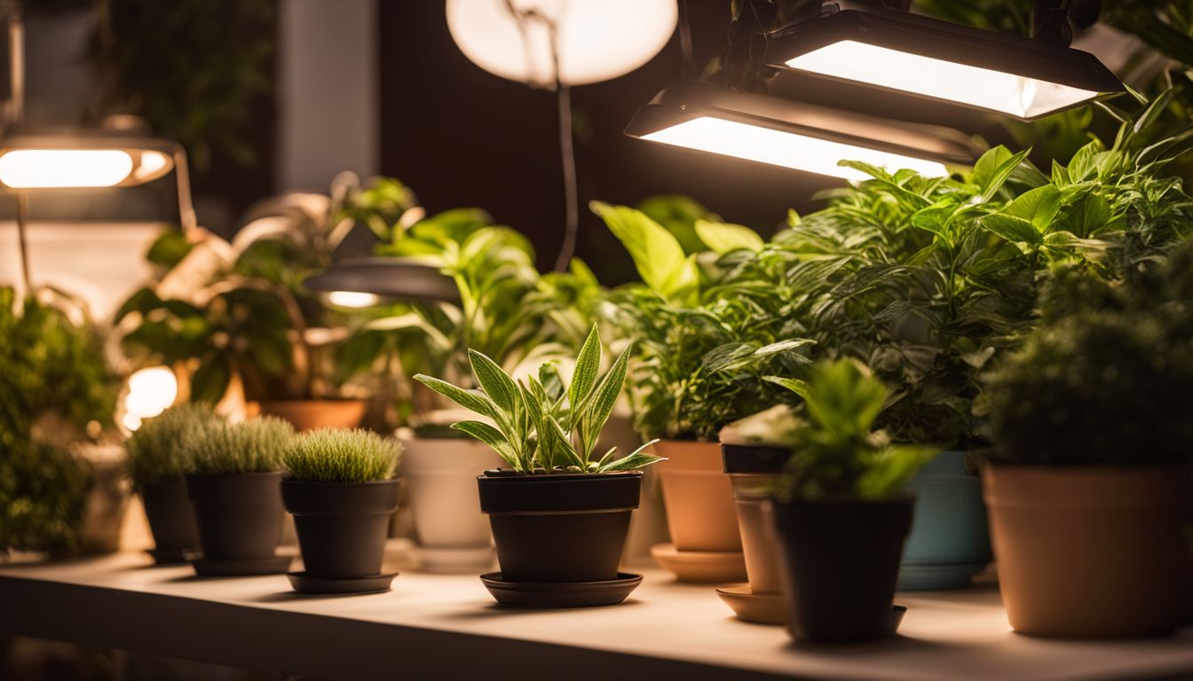 Una foto de varios tipos de luces de crecimiento con plantas de fondo.